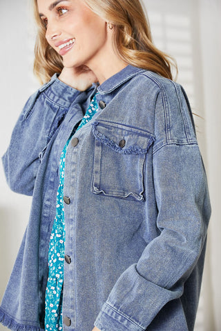 Shop HEYSON Full Size Mineral-Washed Button-Down Denim Jacket - High-Quality U.S. Made Women’s Fashion with Free & Fast Shipping