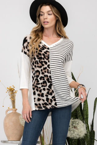 Shop Ivory Leopard Celeste Full Size Front Leopard and Striped Print V-Neck T-Shirt - High-Quality U.S. Made Women’s Fashion with Free & Fast Shipping