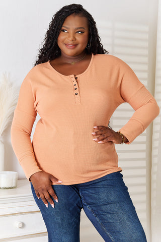 Shop Caramel Basic Bae Half Button Long Sleeve Top - High-Quality U.S. Made Women’s Fashion with Free & Fast Shipping