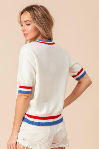 Shop BiBi US Flag Theme Striped Heart Sweater - High-Quality U.S. Made Women’s Fashion with Free & Fast Shipping