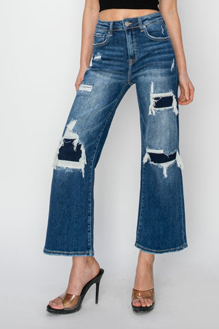 Shop Risen Full Size High Rise Patch Detailed Wide Leg Crop Jeans - High-Quality U.S. Made Women’s Fashion with Free & Fast Shipping