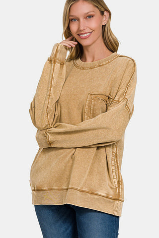 Shop Camel Zenana Exposed Seam Round Neck Dropped Shoulder Sweatshirt - High-Quality U.S. Made Women’s Fashion with Free & Fast Shipping