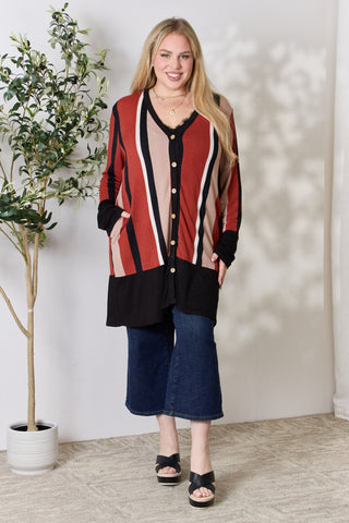 Shop Celeste Full Size Striped Button Up Long Sleeve Cardigan - High-Quality U.S. Made Women’s Fashion with Free & Fast Shipping