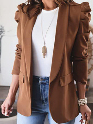 Shop Brown Collared Neck Puff Sleeve Blazer - High-Quality U.S. Made Women’s Fashion with Free & Fast Shipping