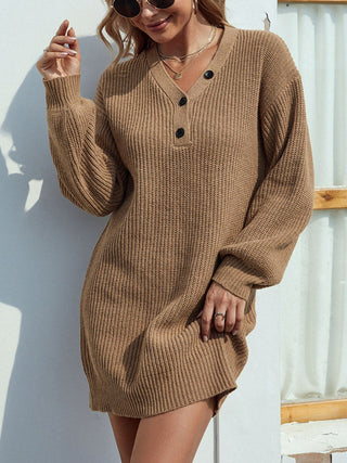 Shop Buttoned V-Neck Sweater Dress - High-Quality U.S. Made Women’s Fashion with Free & Fast Shipping