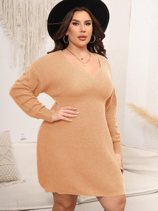 Shop Plus Size Dropped Shoulder Long Sleeve Knit Mini Dress - High-Quality U.S. Made Women’s Fashion with Free & Fast Shipping