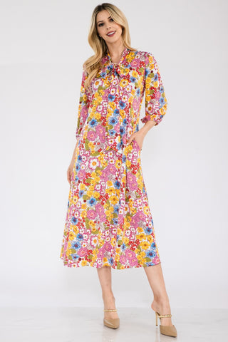 Shop Celeste Full Size Floral Midi Dress with Bow Tied - High-Quality U.S. Made Women’s Fashion with Free & Fast Shipping