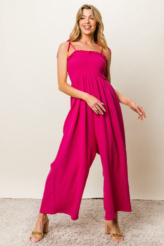 Shop FUCHSIA BiBi Texture Smocked Sleeveless Jumpsuit - High-Quality U.S. Made Women’s Fashion with Free & Fast Shipping