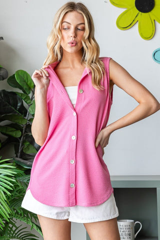 Shop Pink Heimish Full Size Texture Button Up Sleeveless Top - High-Quality U.S. Made Women’s Fashion with Free & Fast Shipping