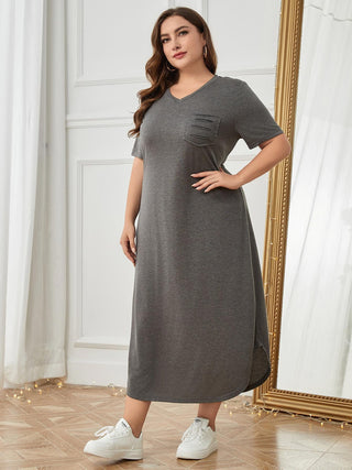 Shop Plus Size Pocketed V-Neck Short Sleeve Lounge Dress - High-Quality U.S. Made Women’s Fashion with Free Fast Shipping