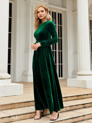 Shop Dark Green Tie Front Round Neck Long Sleeve Maxi Dress - High-Quality U.S. Made Women’s Fashion with Free & Fast Shipping