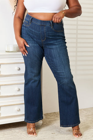 Shop Dark Judy Blue Full Size Elastic Waistband Slim Bootcut Jeans - High-Quality U.S. Made Women’s Fashion with Free & Fast Shipping