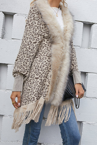 Shop Leopard Fringe Detail Poncho - High-Quality U.S. Made Women’s Fashion with Free Fast Shipping