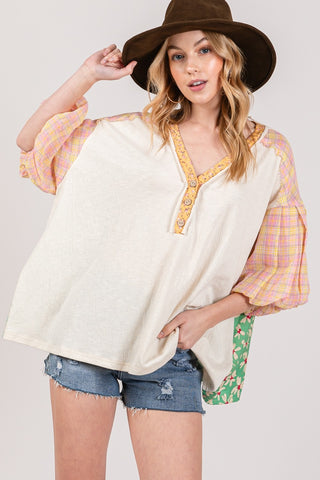 Shop Ivory SAGE + FIG Color Block Bubble Sleeve Top - High-Quality U.S. Made Women’s Fashion with Free & Fast Shipping