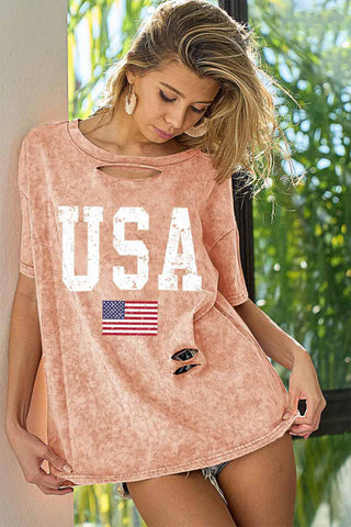 Shop Dusty Pink BiBi Washed American Flag Graphic Distressed T-Shirt - High-Quality U.S. Made Women’s Fashion with Free & Fast Shipping