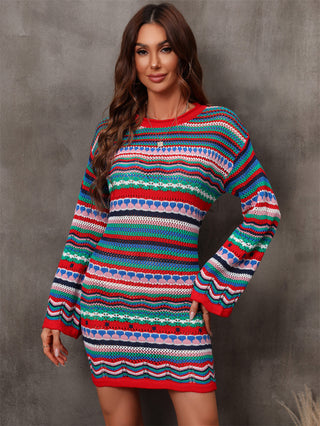 Shop Green Multicolored Stripe Dropped Shoulder Sweater Dress - High-Quality U.S. Made Women’s Fashion with Free & Fast Shipping