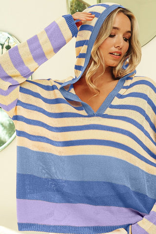 Shop Denim Laven Combo BiBi Striped Color Block Hooded Knit Top - High-Quality U.S. Made Women’s Fashion with Free & Fast Shipping