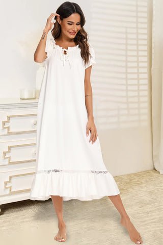 Shop White Lace Detail Short Sleeve Lounge Dress - High-Quality U.S. Made Women’s Fashion with Free & Fast Shipping