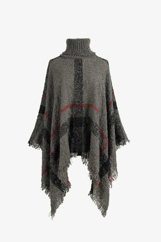 Shop Plaid Turtleneck Raw Hem Poncho - High-Quality U.S. Made Women’s Fashion with Free Fast Shipping