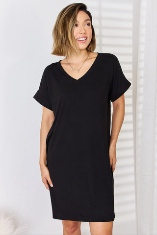 Shop Black Zenana Full Size Rolled Short Sleeve V-Neck Dress - High-Quality U.S. Made Women’s Fashion with Free & Fast Shipping