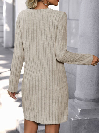 Shop V-Neck Long Sleeve Knit Dress - High-Quality U.S. Made Women’s Fashion with Free Fast Shipping