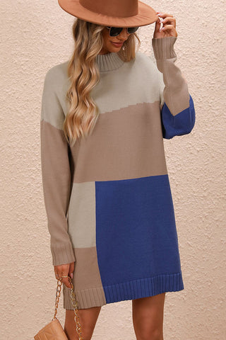 Shop Color Block Mock Neck Dropped Shoulder Sweater Dress - High-Quality U.S. Made Women’s Fashion with Free Fast Shipping