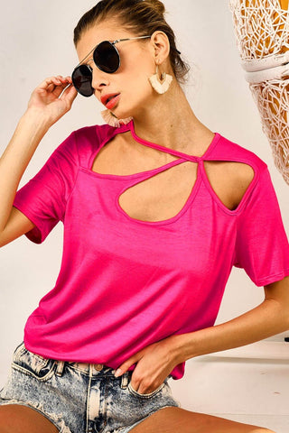 Shop Fuchsia BiBi Cutout Asymmetrical Neck Short Sleeve T-Shirt - High-Quality U.S. Made Women’s Fashion with Free & Fast Shipping