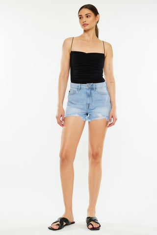 Shop Kancan Raw Hem Distressed High Waist Denim Shorts - High-Quality U.S. Made Women’s Fashion with Free & Fast Shipping