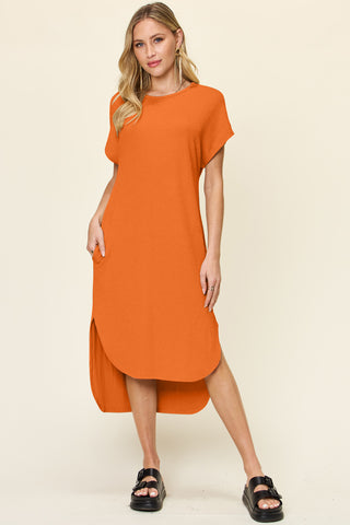 Shop Tangerine Double Take Full Size Round Neck Short Sleeve Slit Dress - High-Quality U.S. Made Women’s Fashion with Free & Fast Shipping