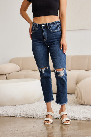 Shop RFM Crop Dylan Full Size Tummy Control Distressed High Waist Raw Hem Jeans - High-Quality U.S. Made Women’s Fashion with Free Fast Shipping