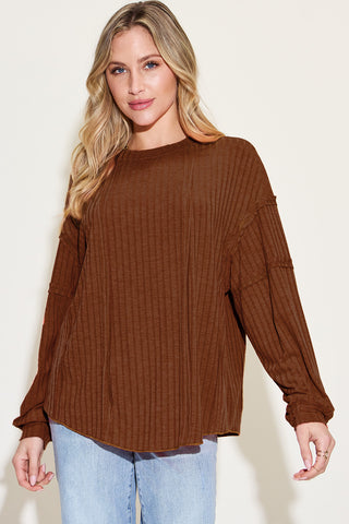 Shop Dark Brown Basic Bae Full Size Ribbed Round Neck Long Sleeve T-Shirt - High-Quality U.S. Made Women’s Fashion with Free & Fast Shipping