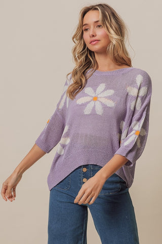 Shop BiBi Floral Pattern Slit Sweater - High-Quality U.S. Made Women’s Fashion with Free & Fast Shipping