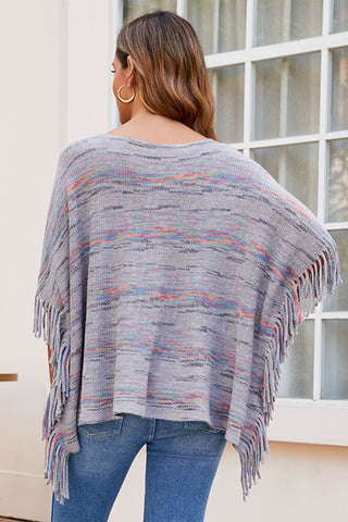 Shop Round Neck Fringe Detail Sleeve Poncho - High-Quality U.S. Made Women’s Fashion with Free Fast Shipping