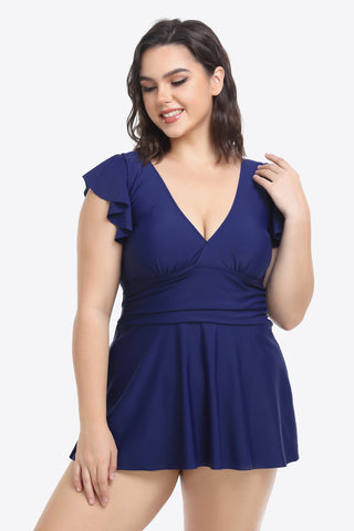 Shop Dark Blue Plus Size Ruffled Plunge Swim Dress and Bottoms Set - High-Quality U.S. Made Women’s Fashion with Free & Fast Shipping