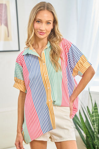 Shop Multi First Love Full Size Striped Button Down Short Sleeve Shirt - High-Quality U.S. Made Women’s Fashion with Free & Fast Shipping