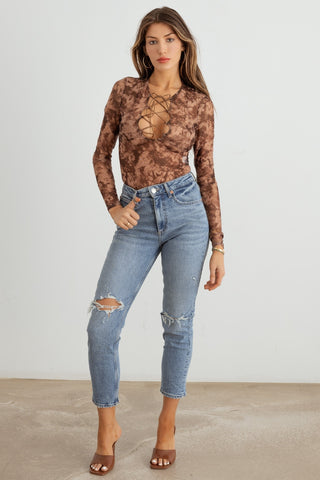 Shop HERA COLLECTION Abstract Mesh Lace-Up Long Sleeve Bodysuit - High-Quality U.S. Made Women’s Fashion with Free & Fast Shipping