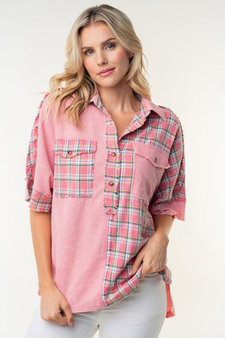 Shop White Birch Plaid Color Block Half Button Top - High-Quality U.S. Made Women’s Fashion with Free & Fast Shipping