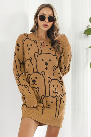 Shop Bear Pattern Round Neck Sweater Dress - High-Quality U.S. Made Women’s Fashion with Free Fast Shipping