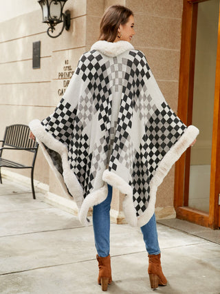 Shop Checkered Faux Fur Trim Poncho - High-Quality U.S. Made Women’s Fashion with Free Fast Shipping