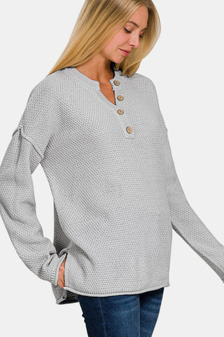 Shop Zenana Button Closure Drop Shoulder Sweater - High-Quality U.S. Made Women’s Fashion with Free Fast Shipping