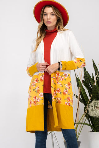 Shop Ivory Mustard Celeste Full Size Floral Color Block Open Front Cardigan - High-Quality U.S. Made Women’s Fashion with Free & Fast Shipping