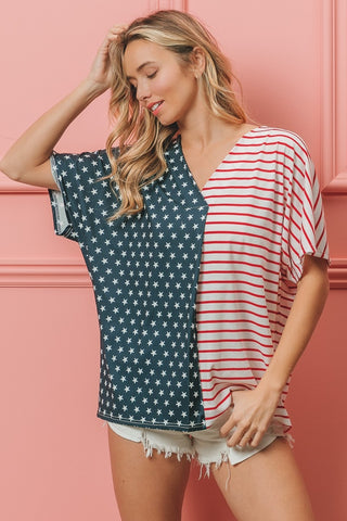 Shop BiBi US Flag Themed Color Block Short Sleeve T-Shirt - High-Quality U.S. Made Women’s Fashion with Free & Fast Shipping