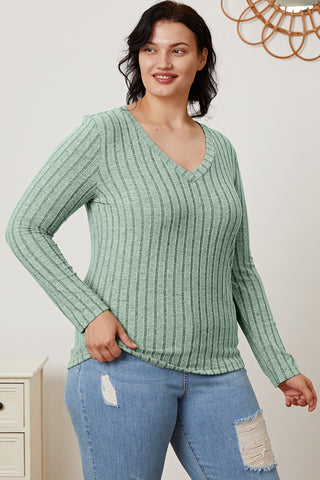 Shop Basic Bae Full Size Ribbed V-Neck Long Sleeve T-Shirt - High-Quality U.S. Made Women’s Fashion with Free & Fast Shipping