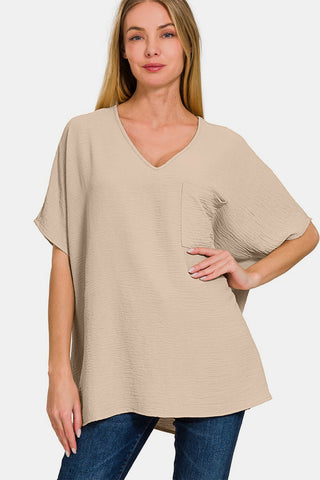 Shop Zenana Full Size Texture V-Neck Short Sleeve Top - High-Quality U.S. Made Women’s Fashion with Free & Fast Shipping