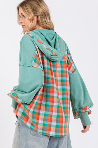 Shop SAGE + FIG Full Size Plaid Print Washed Hoodie - High-Quality U.S. Made Women’s Fashion with Free & Fast Shipping