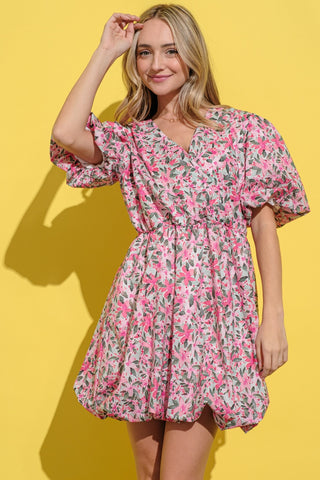 Shop And The Why Full Size Floral Surplice Puff Sleeve Dress - High-Quality U.S. Made Women’s Fashion with Free Fast Shipping