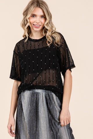 Shop Black GeeGee Round Neck Drop Shoulder Mesh Glitter Top - High-Quality U.S. Made Women’s Fashion with Free & Fast Shipping