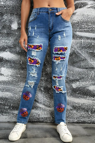 Shop Distressed Sequin Pumpkin Jeans - High-Quality U.S. Made Women’s Fashion with Free & Fast Shipping