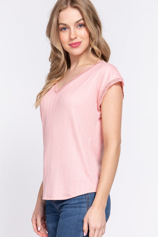 Shop ACTIVE BASIC Lace Trim V-Neck Short Sleeve Ribbed Top - High-Quality U.S. Made Women’s Fashion with Free & Fast Shipping