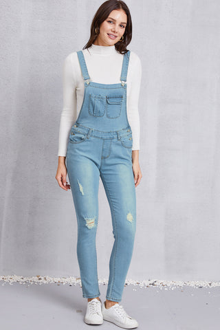 Shop Distressed Washed Denim Overalls with Pockets - High-Quality U.S. Made Women’s Fashion with Free Fast Shipping